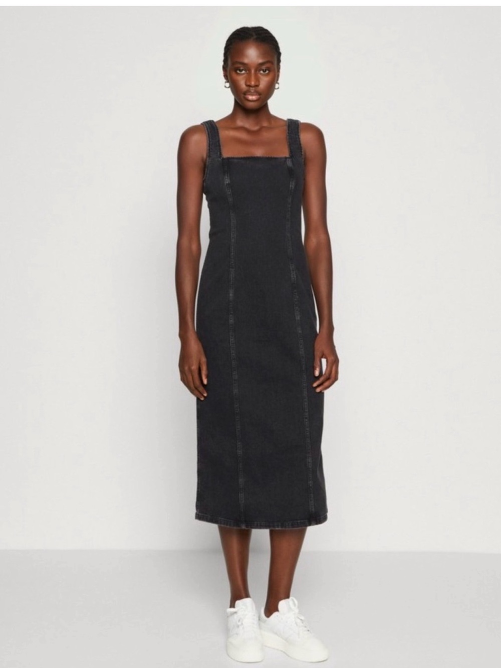 Abercrombie & Fitch Black Square-Neck Midi Denim Dress